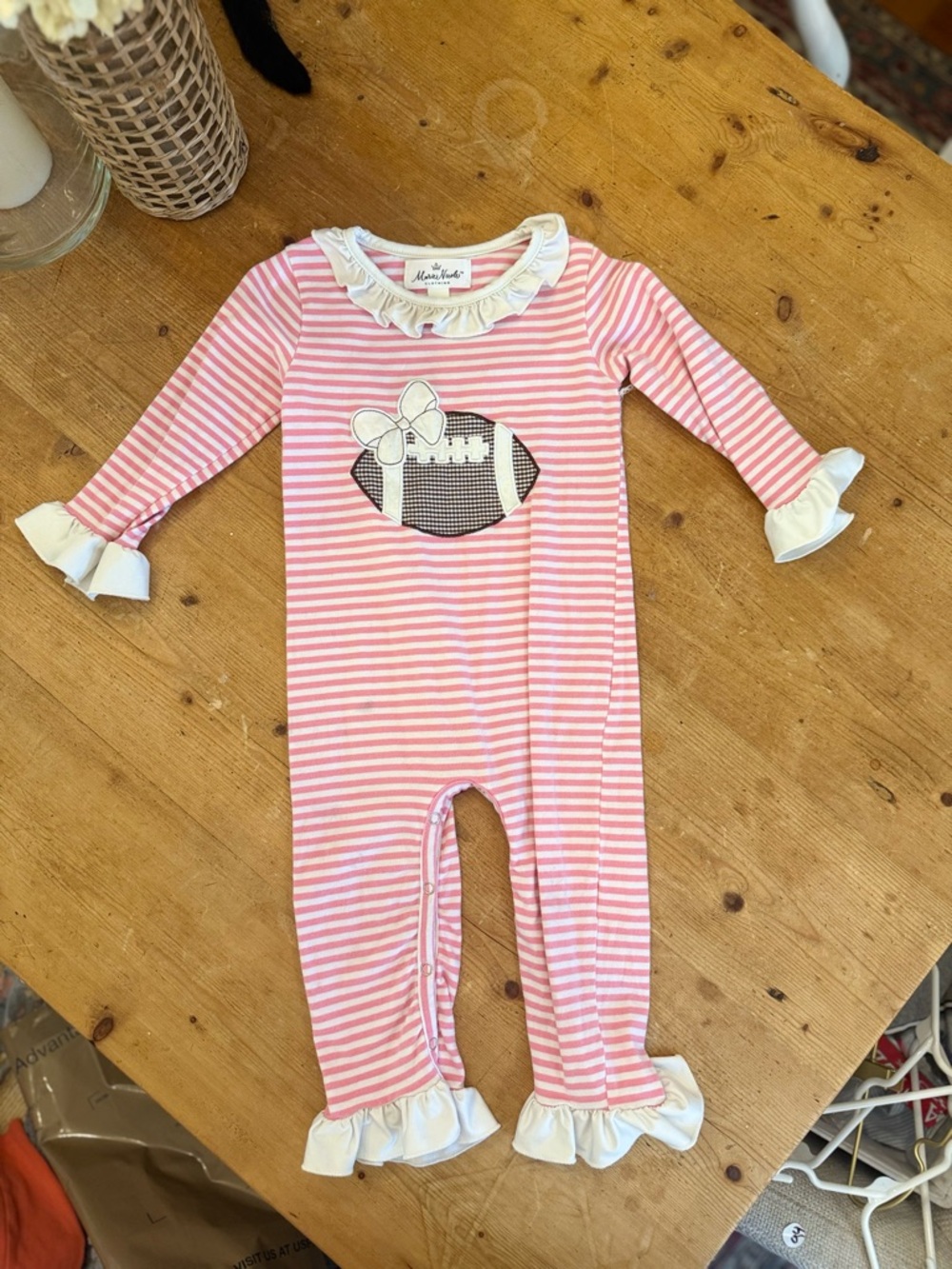 Pink and White Striped Football Applique One-Piece with Ruffles